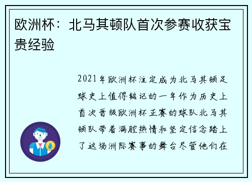 欧洲杯：北马其顿队首次参赛收获宝贵经验